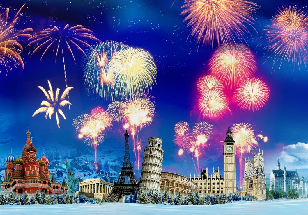 Global landmarks with New Year fireworks